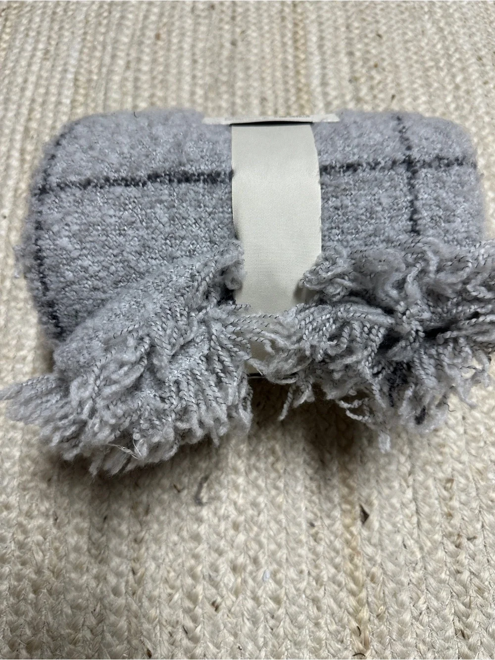 NEW Threshold Grey Windowpane Textured Boucle Throw Blanket w/Fringe Trim